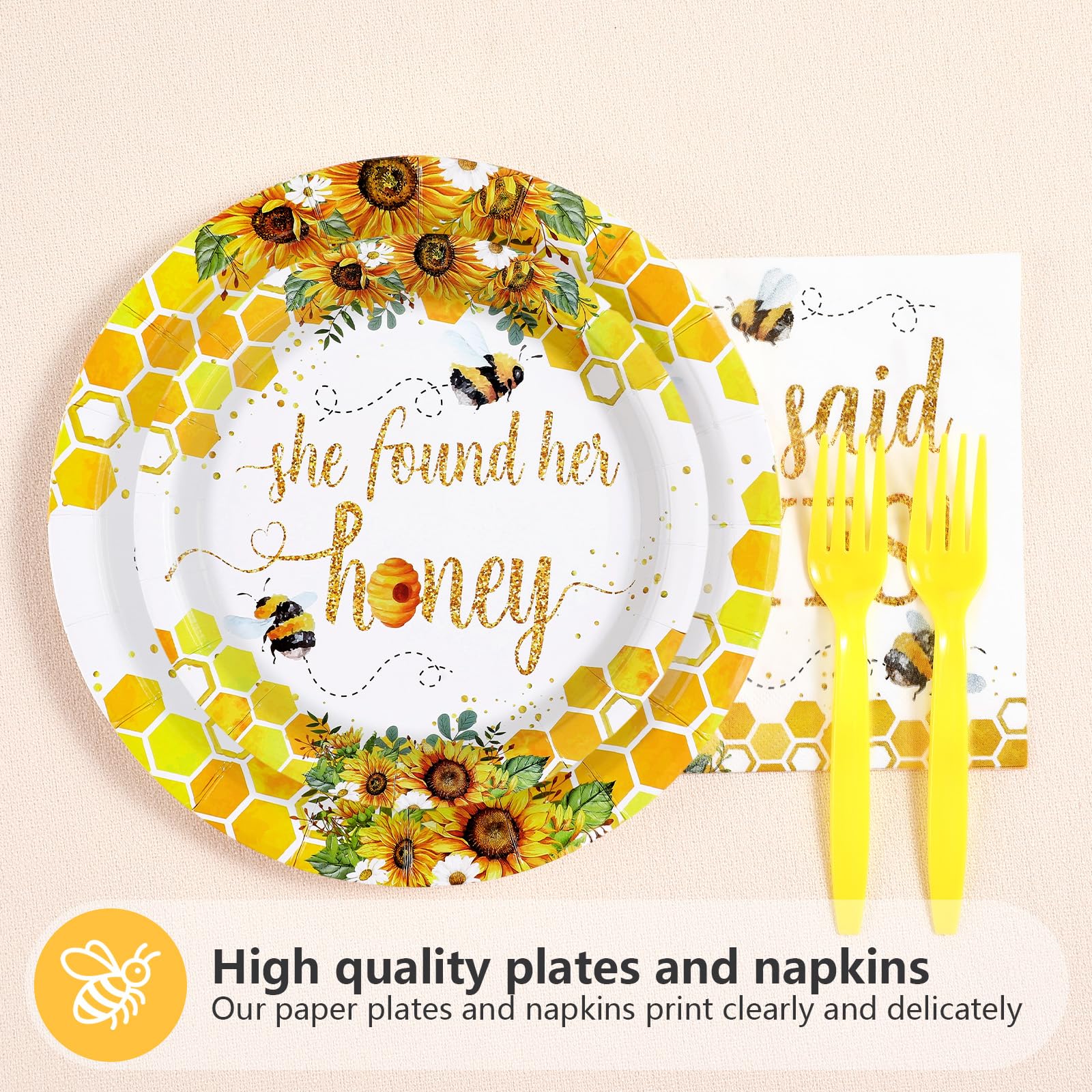 96 Pcs Bee Bridal Shower Party Plates and Napkins