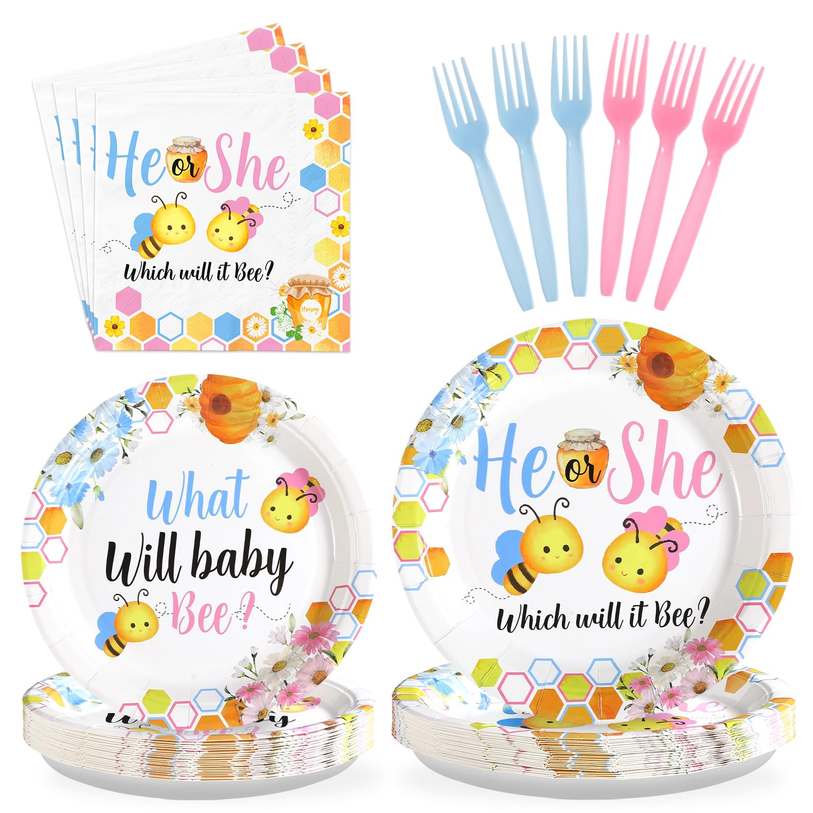 96 Pcs Bee Gender Reveal Party Plates and Napkins - Grencian