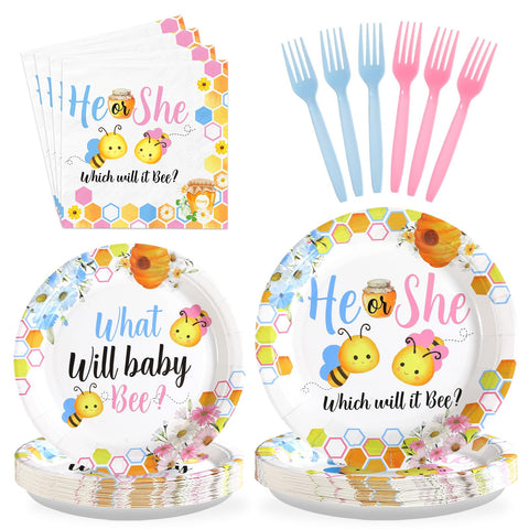 96 Pcs Bee Gender Reveal Party Plates and Napkins - Grencian