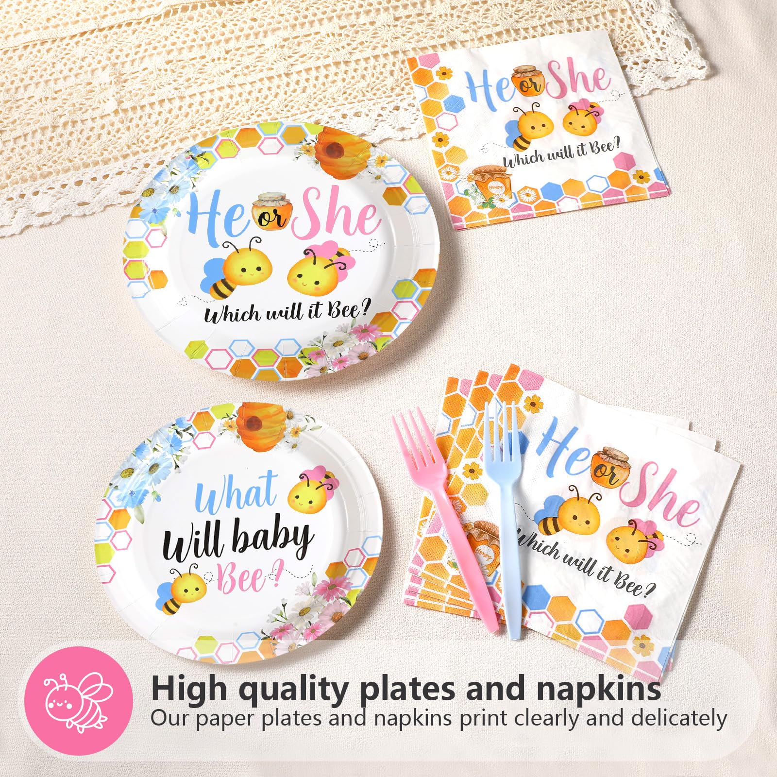 96 Pcs Bee Gender Reveal Party Plates and Napkins - Grencian