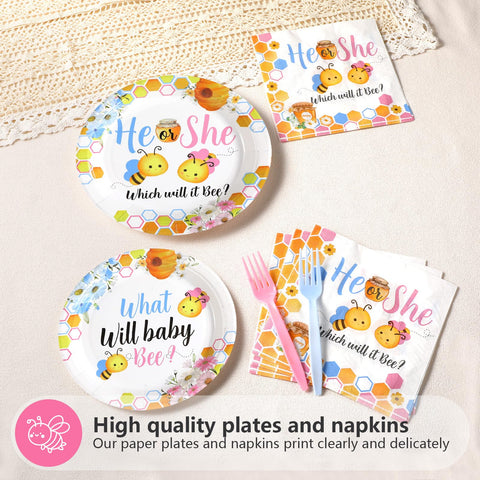 96 Pcs Bee Gender Reveal Party Plates and Napkins - Grencian