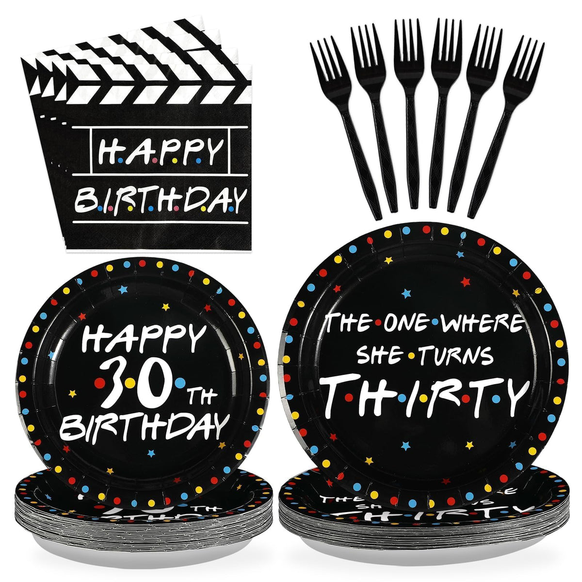 96 Pcs Black 30th Birthday Party Plates and Napkins