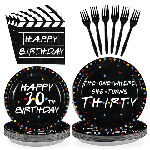 96 Pcs Black 30th Birthday Party Plates and Napkins