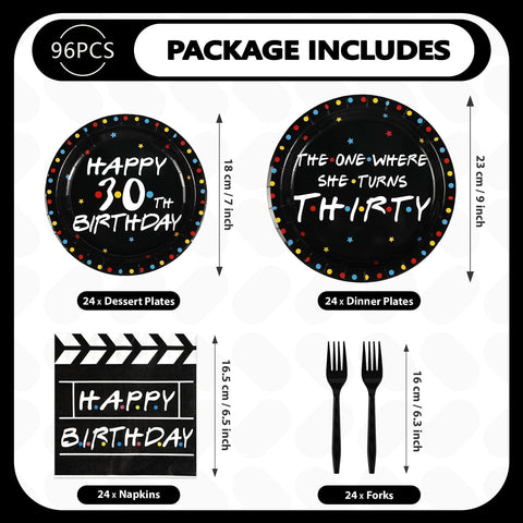 96 Pcs Black 30th Birthday Party Plates and Napkins