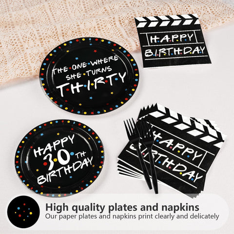 96 Pcs Black 30th Birthday Party Plates and Napkins