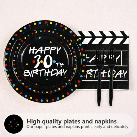 96 Pcs Black 30th Birthday Party Plates and Napkins