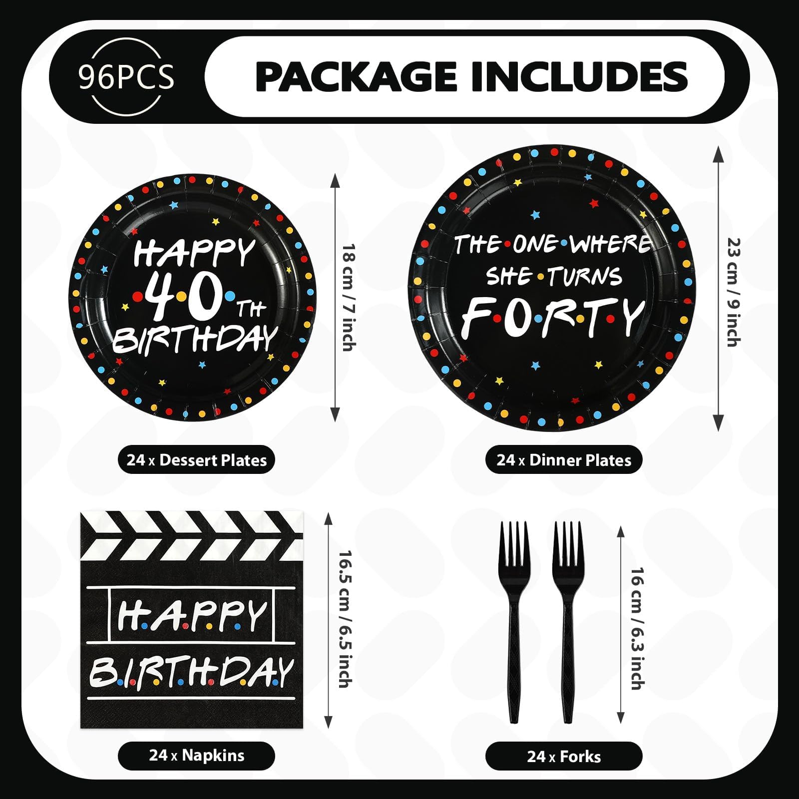 96 Pcs Black 40th Birthday Party Plates and Napkins - Grencian