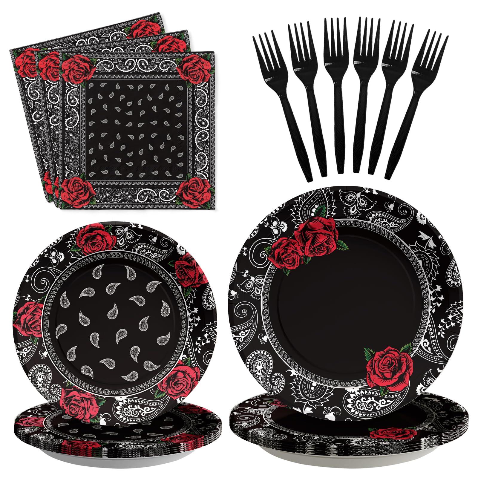 96 Pcs Black Bandana Party Plates and Napkins - Grencian