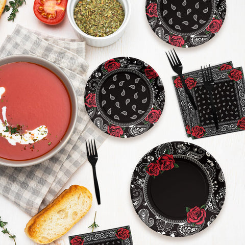 96 Pcs Black Bandana Party Plates and Napkins - Grencian