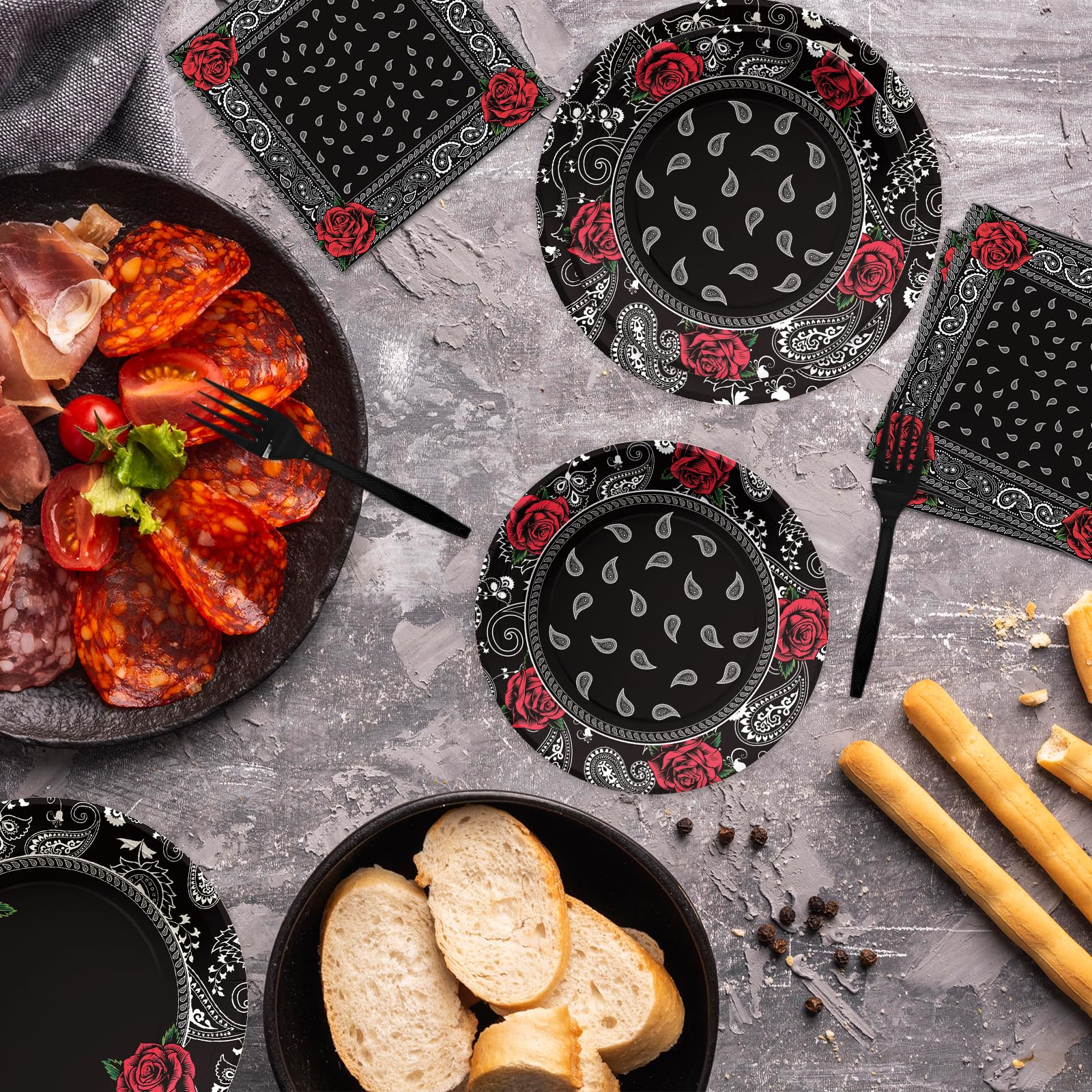 96 Pcs Black Bandana Party Plates and Napkins - Grencian