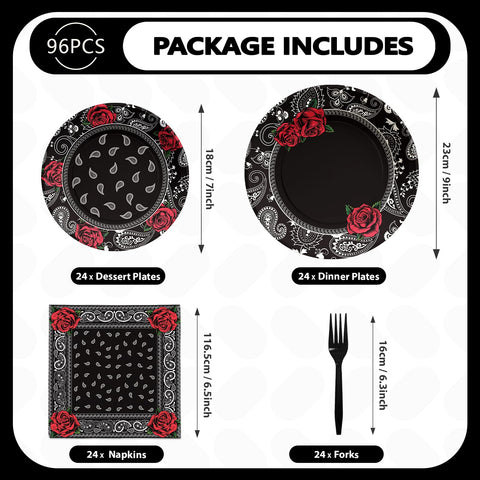 96 Pcs Black Bandana Party Plates and Napkins - Grencian