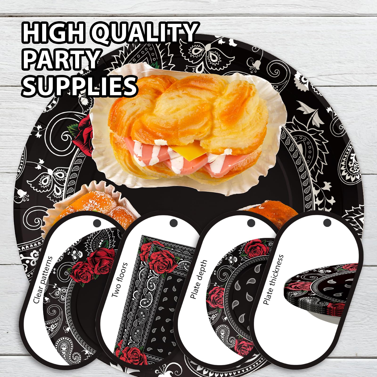 96 Pcs Black Bandana Party Plates and Napkins - Grencian