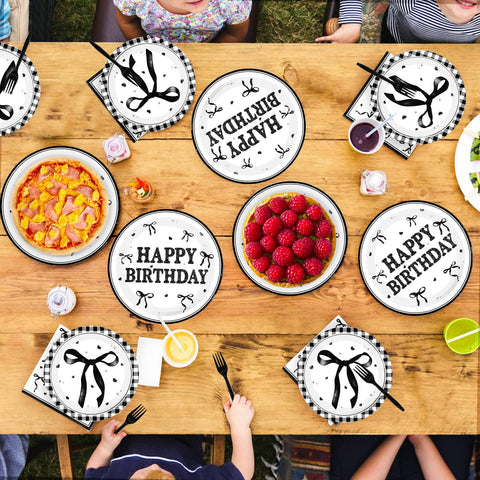 96 Pcs Black Bow Birthday Party Plates and Napkins - Grencian