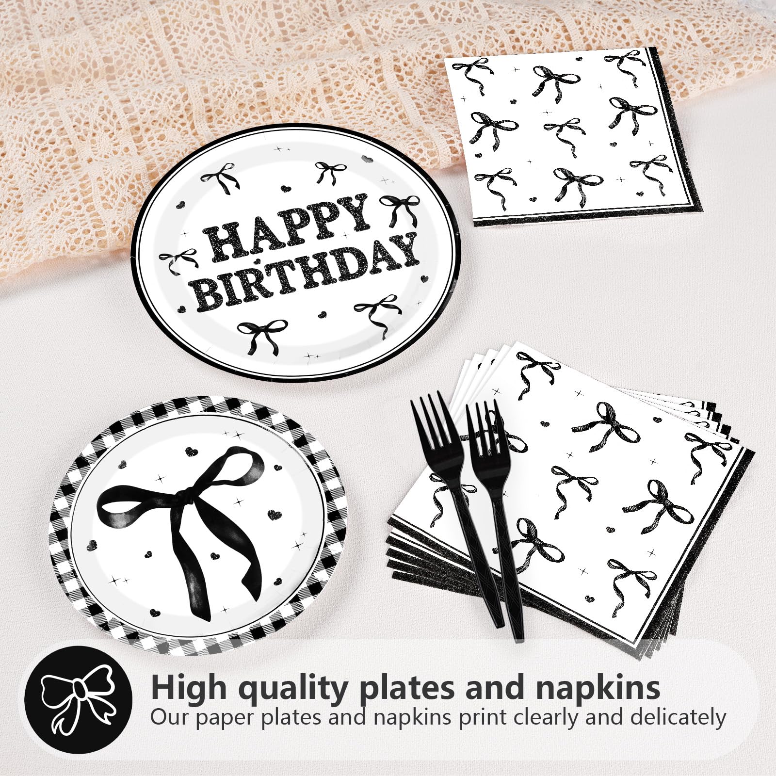 96 Pcs Black Bow Birthday Party Plates and Napkins - Grencian