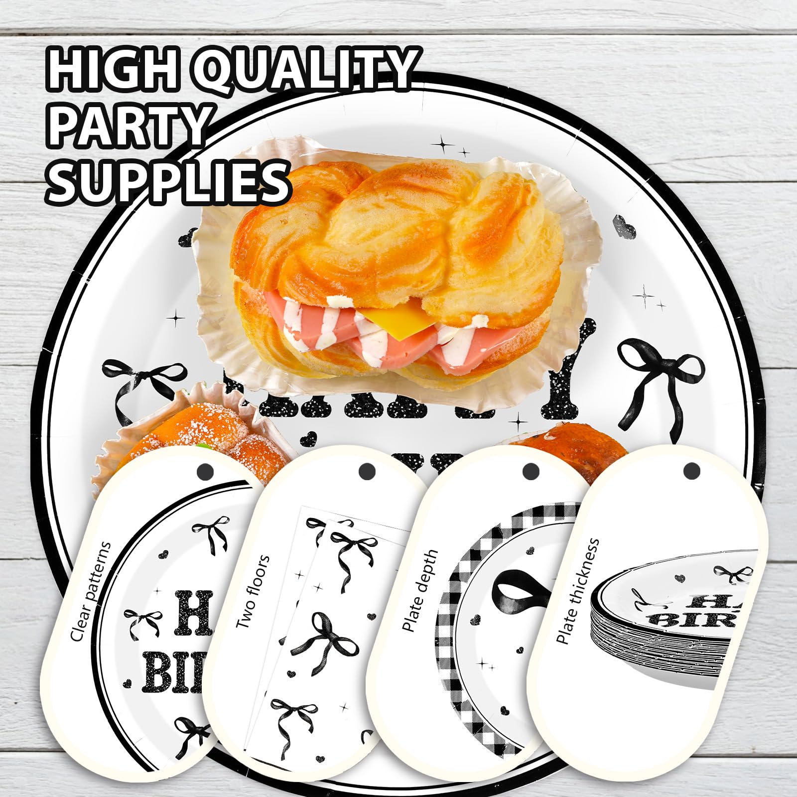 96 Pcs Black Bow Birthday Party Plates and Napkins - Grencian