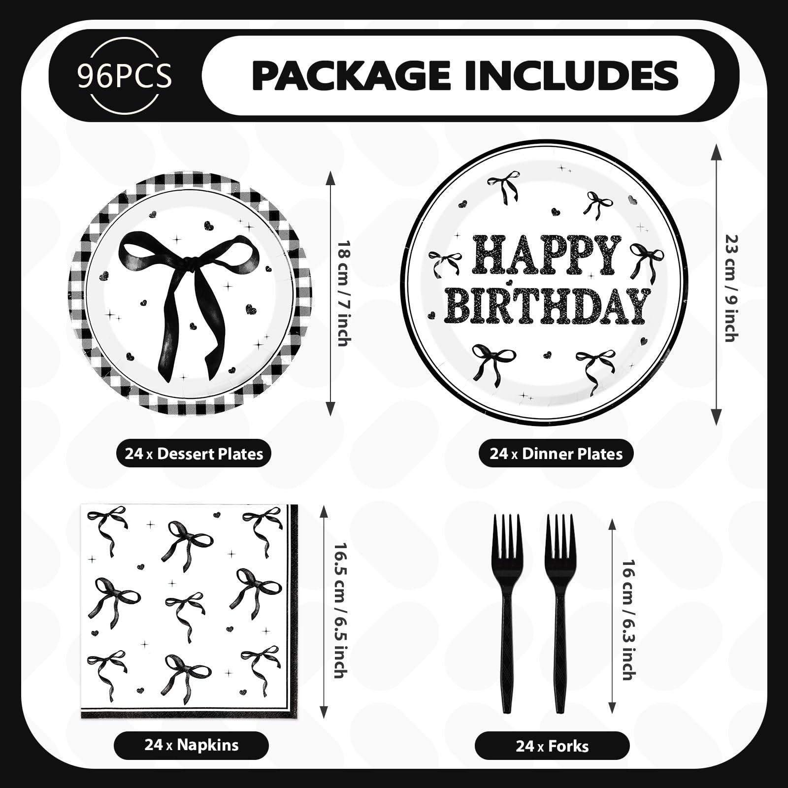 96 Pcs Black Bow Birthday Party Plates and Napkins - Grencian