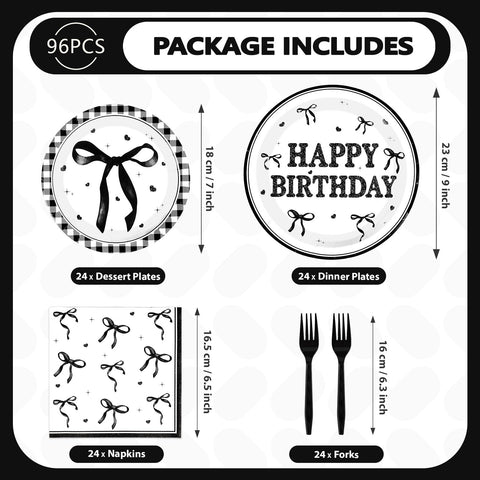 96 Pcs Black Bow Birthday Party Plates and Napkins - Grencian