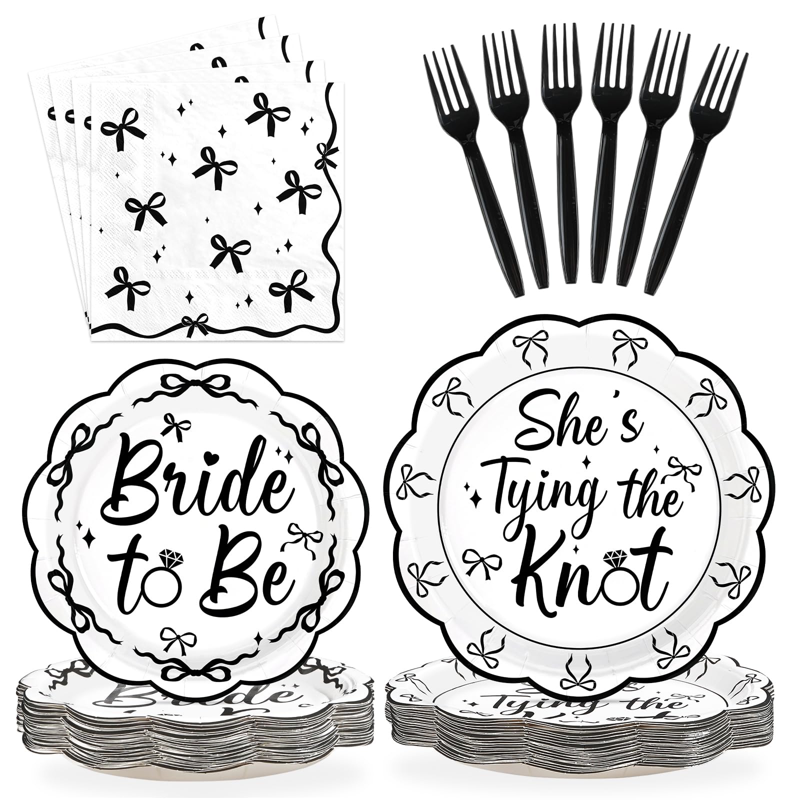 96 Pcs Black Bow Bridal Shower Party Plates and Napkins - Grencian