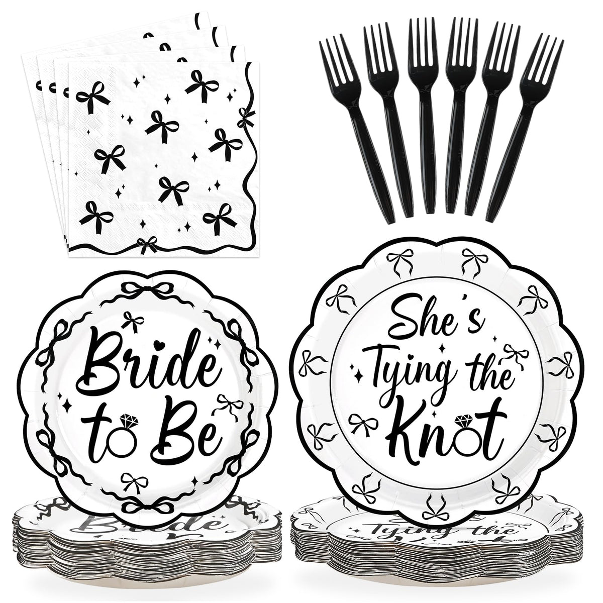 96 Pcs Black Bow Bridal Shower Party Plates and Napkins - Grencian