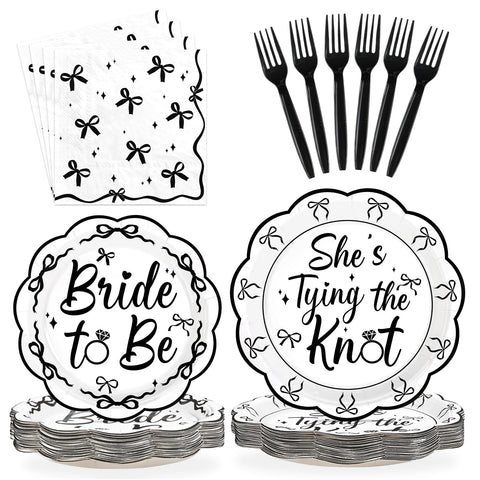 96 Pcs Black Bow Bridal Shower Party Plates and Napkins - Grencian