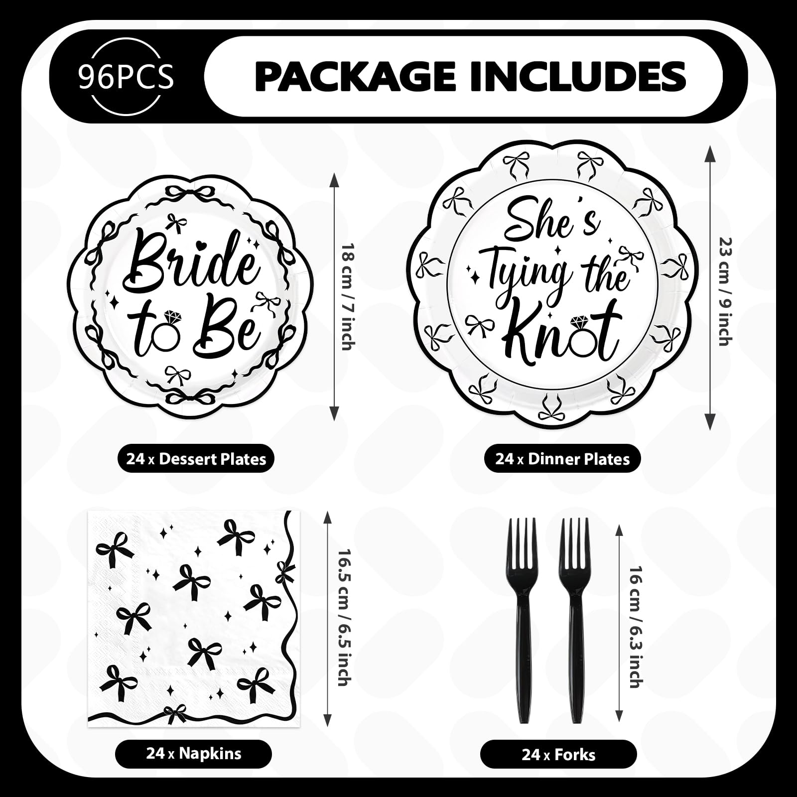 96 Pcs Black Bow Bridal Shower Party Plates and Napkins - Grencian