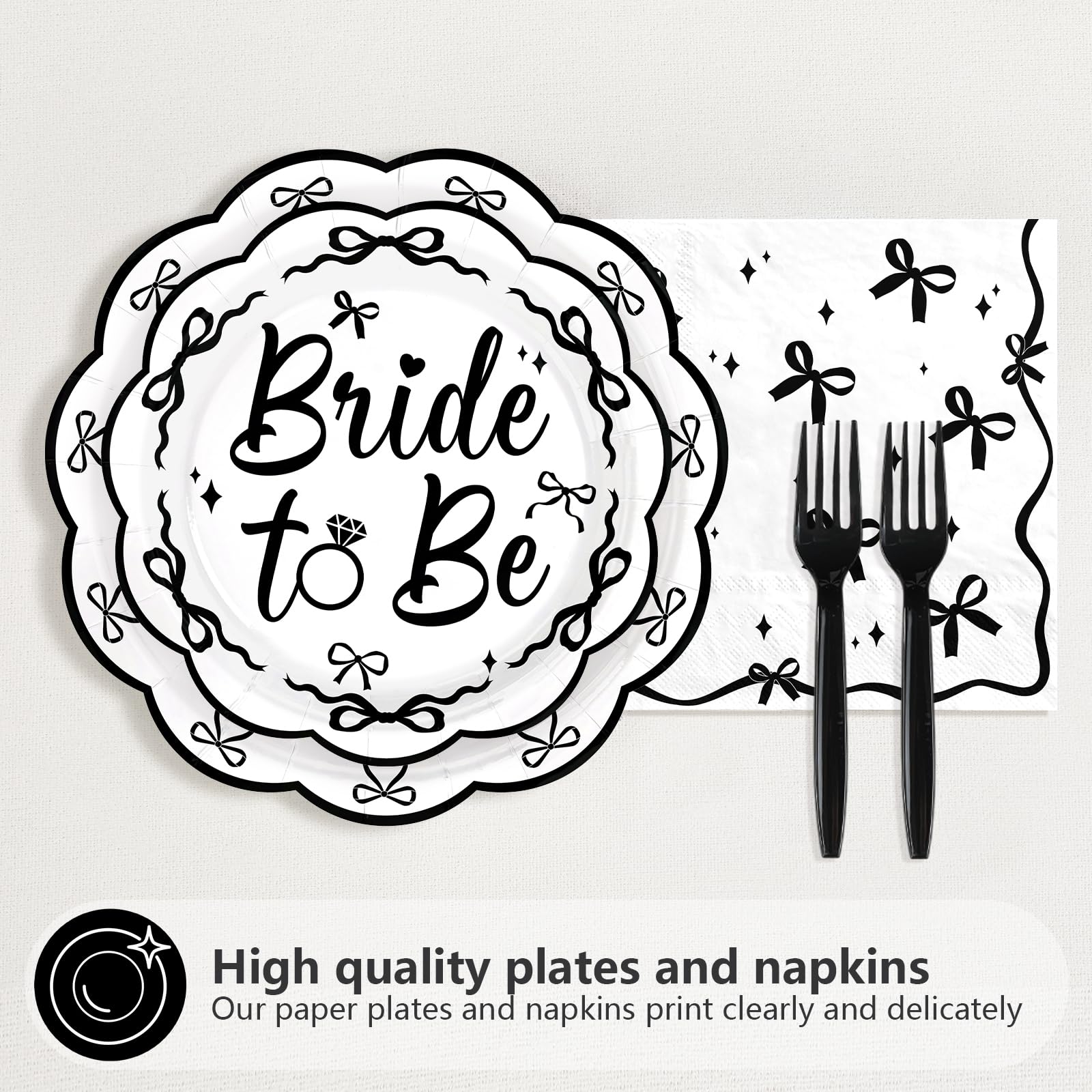 96 Pcs Black Bow Bridal Shower Party Plates and Napkins - Grencian