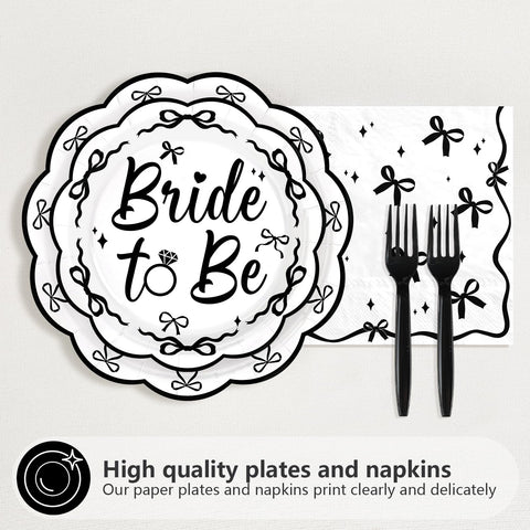 96 Pcs Black Bow Bridal Shower Party Plates and Napkins - Grencian