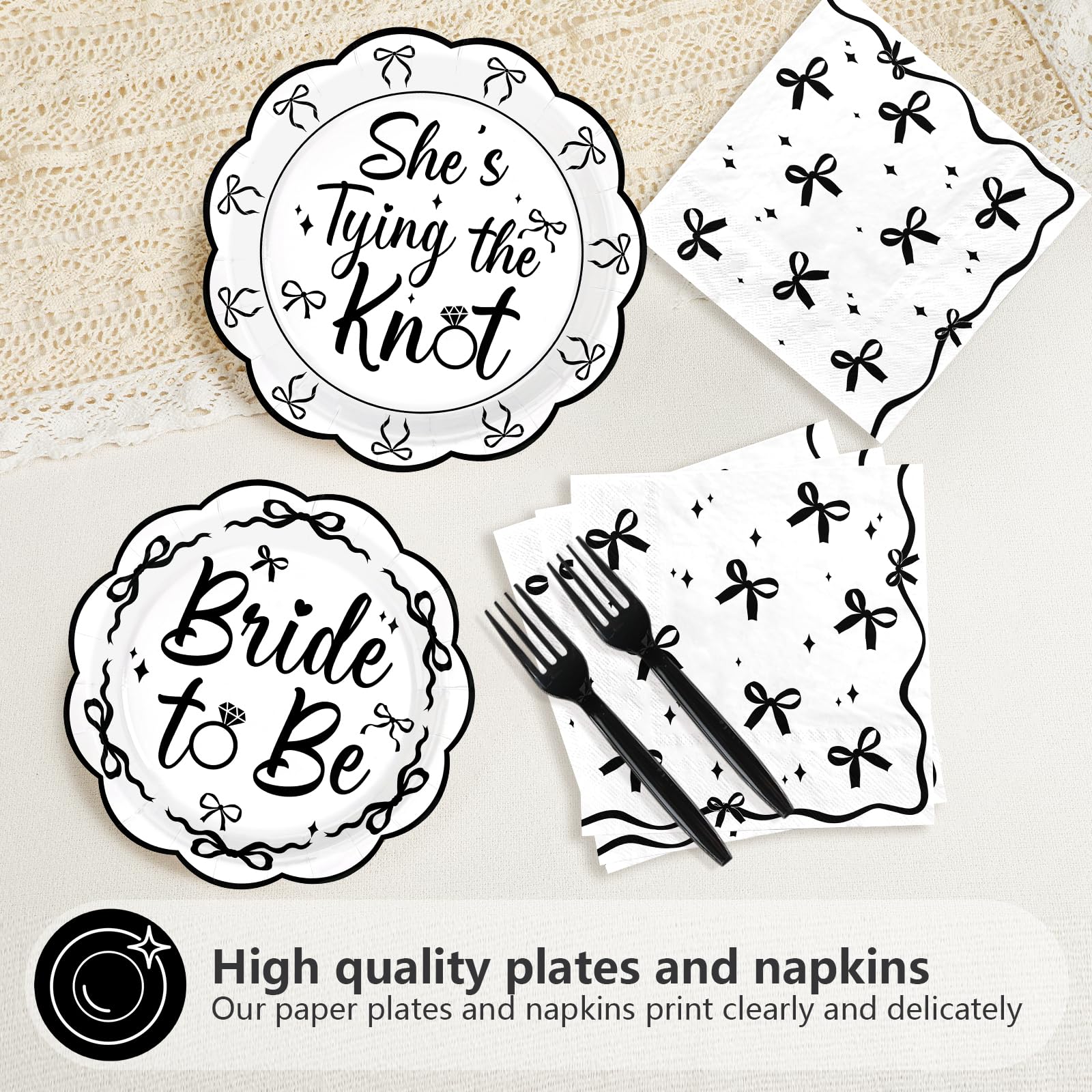 96 Pcs Black Bow Bridal Shower Party Plates and Napkins - Grencian