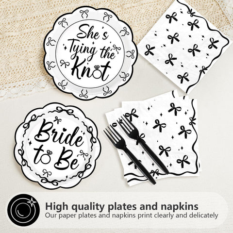 96 Pcs Black Bow Bridal Shower Party Plates and Napkins - Grencian