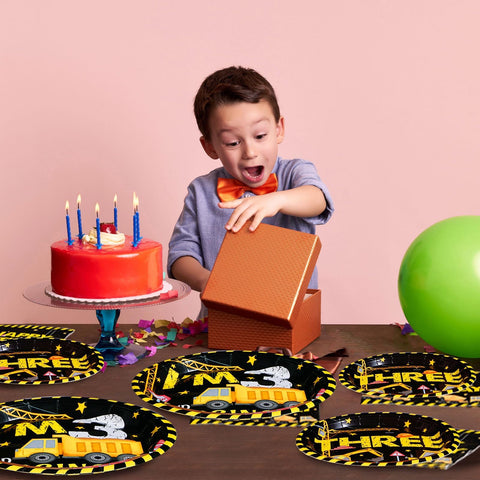 96 Pcs Black Construction 3rd Birthday Party Plates and Napkins - Grencian