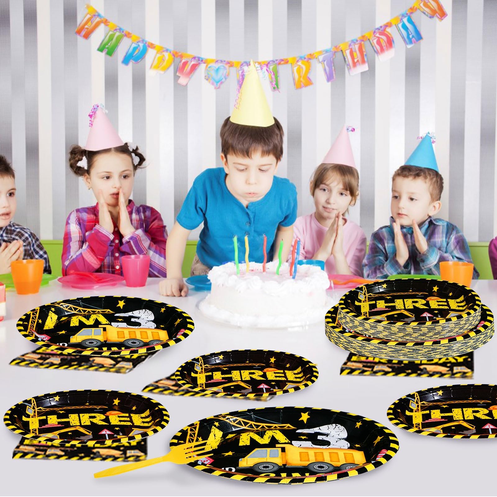96 Pcs Black Construction 3rd Birthday Party Plates and Napkins - Grencian