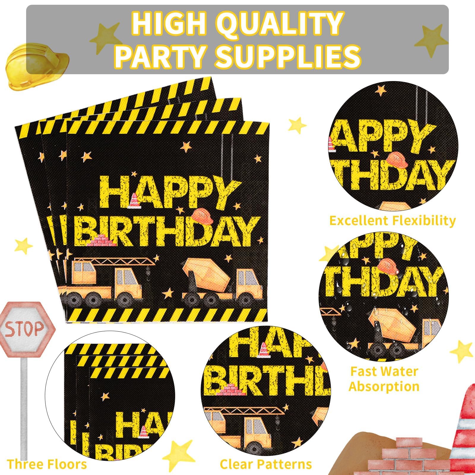 96 Pcs Black Construction 3rd Birthday Party Plates and Napkins - Grencian