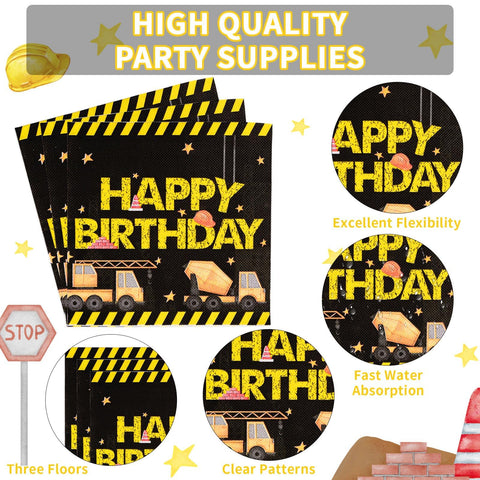 96 Pcs Black Construction 3rd Birthday Party Plates and Napkins - Grencian