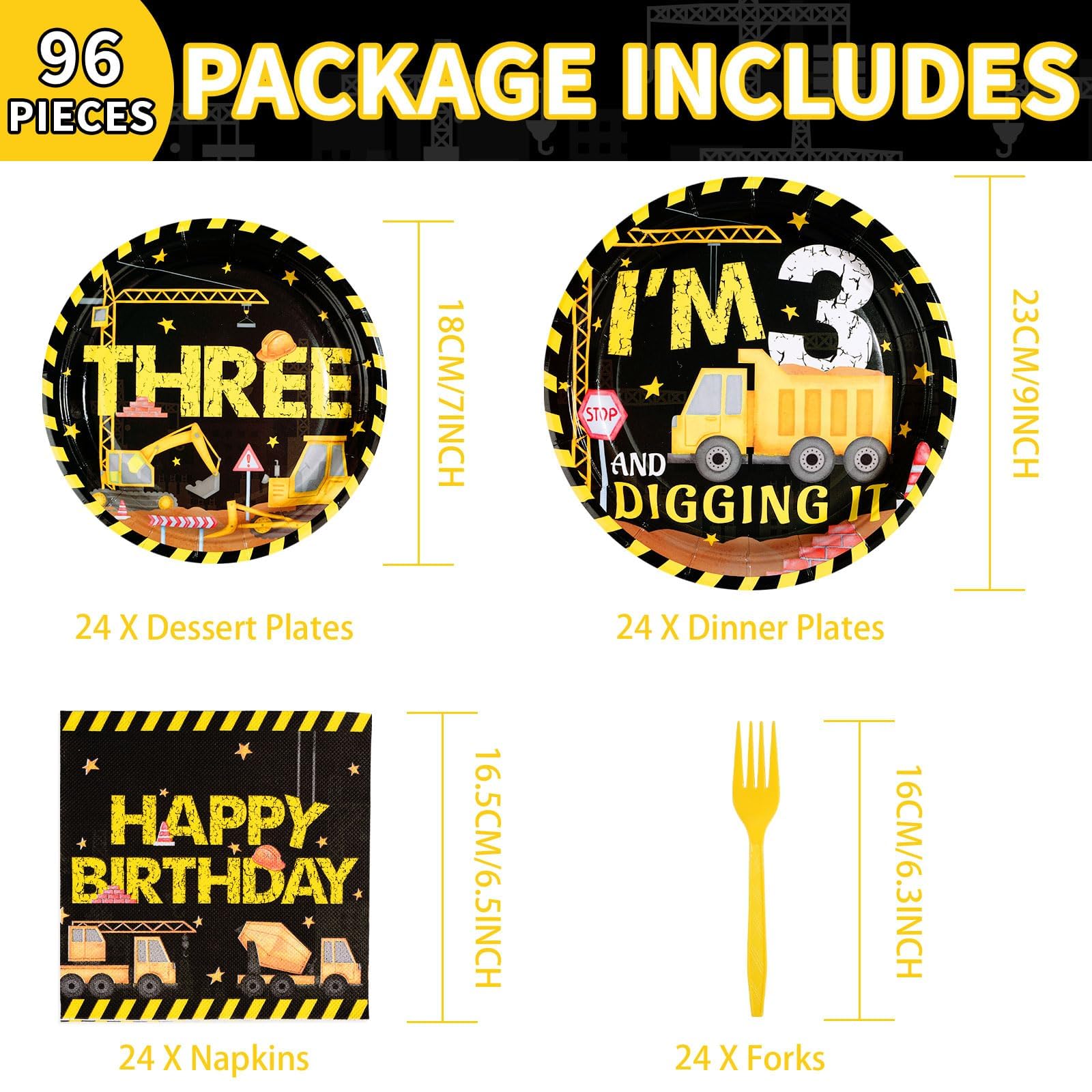 96 Pcs Black Construction 3rd Birthday Party Plates and Napkins - Grencian