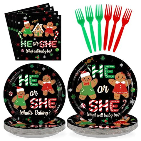 96 Pcs Black Gingerbread Gender Reveal Party Plates and Napkins - Grencian