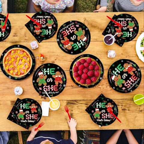 96 Pcs Black Gingerbread Gender Reveal Party Plates and Napkins - Grencian