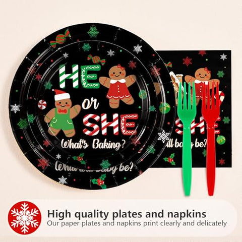 96 Pcs Black Gingerbread Gender Reveal Party Plates and Napkins - Grencian