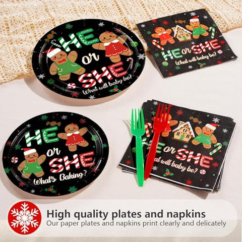 96 Pcs Black Gingerbread Gender Reveal Party Plates and Napkins - Grencian