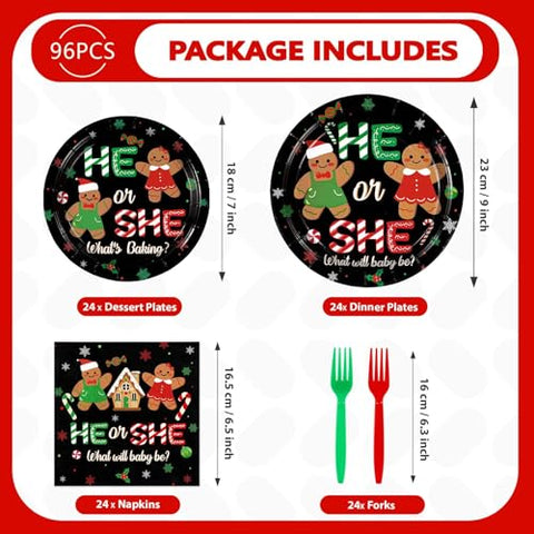 96 Pcs Black Gingerbread Gender Reveal Party Plates and Napkins - Grencian