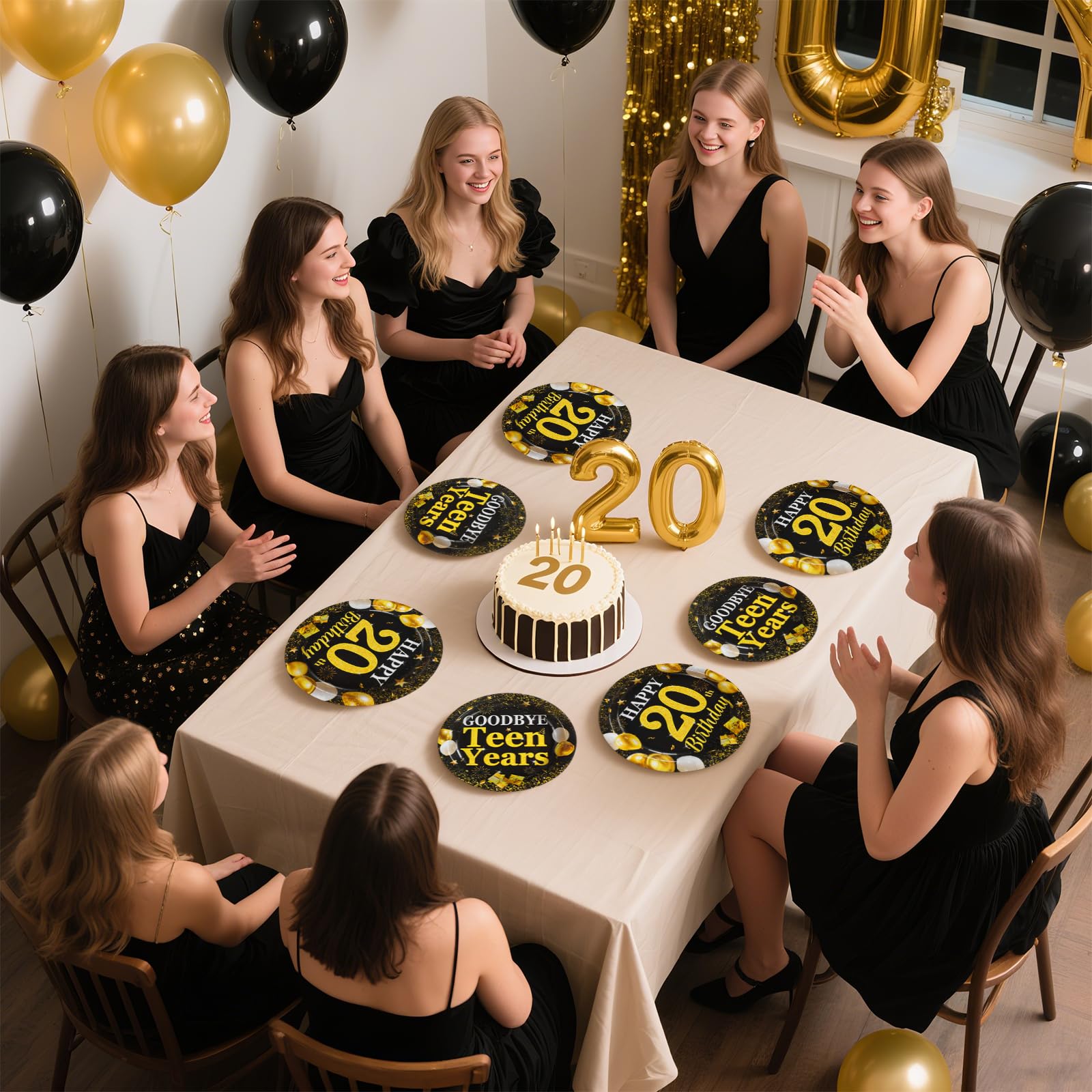 96 Pcs Black Gold 20th Birthday Party Plates and Napkins - Grencian