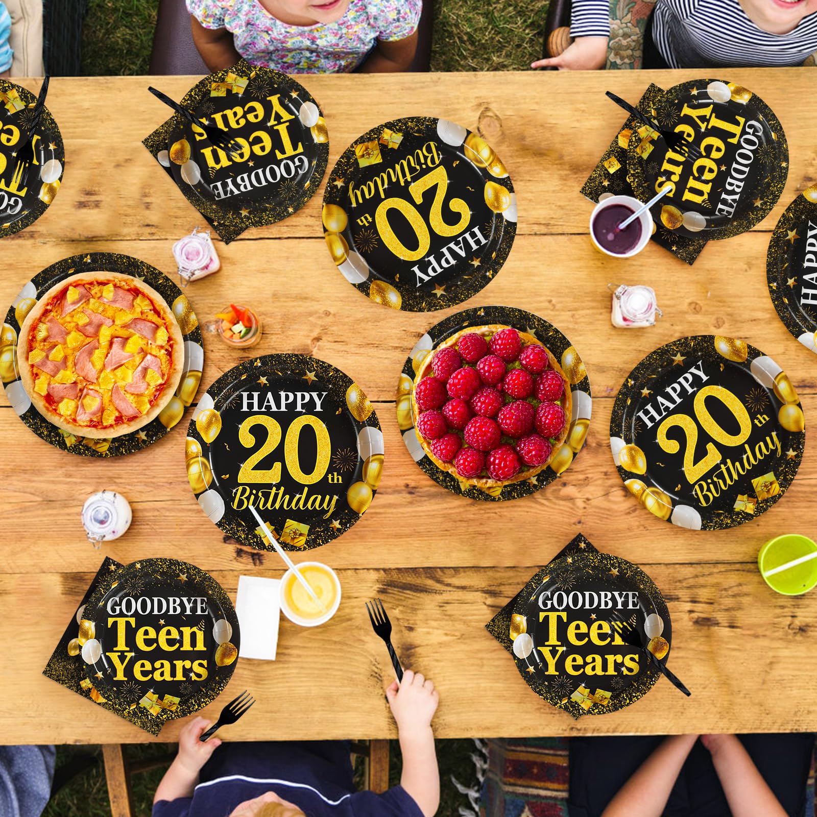 96 Pcs Black Gold 20th Birthday Party Plates and Napkins - Grencian