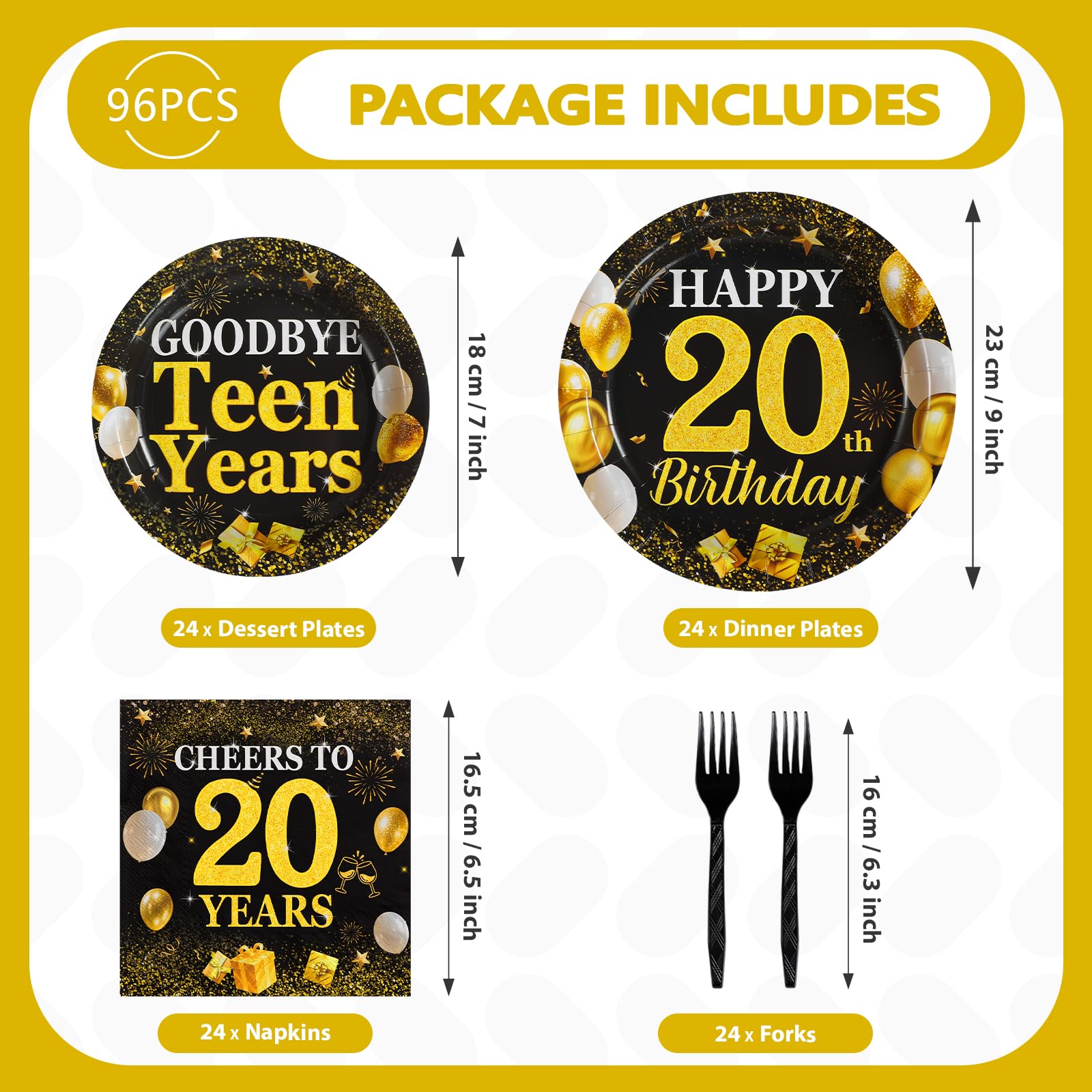 96 Pcs Black Gold 20th Birthday Party Plates and Napkins - Grencian