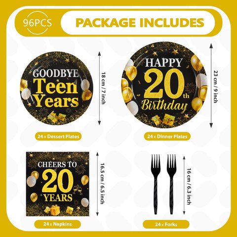 96 Pcs Black Gold 20th Birthday Party Plates and Napkins - Grencian