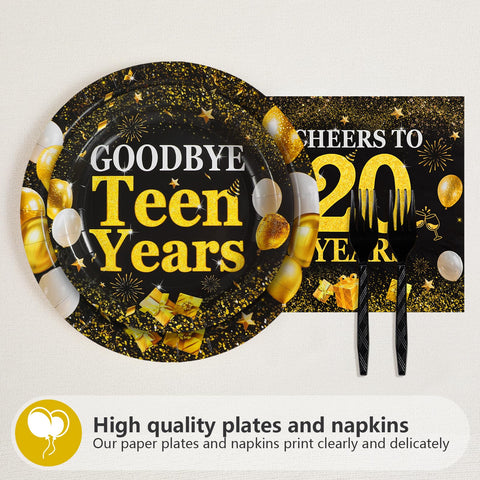 96 Pcs Black Gold 20th Birthday Party Plates and Napkins - Grencian
