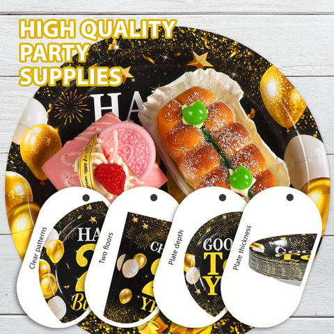 96 Pcs Black Gold 20th Birthday Party Plates and Napkins - Grencian