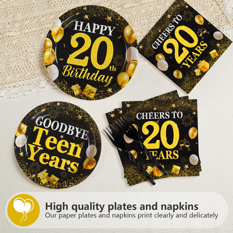 96 Pcs Black Gold 20th Birthday Party Plates and Napkins - Grencian