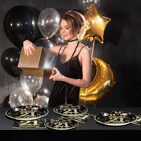 96 Pcs Black Gold 21st Birthday Party Plates and Napkins - Grencian