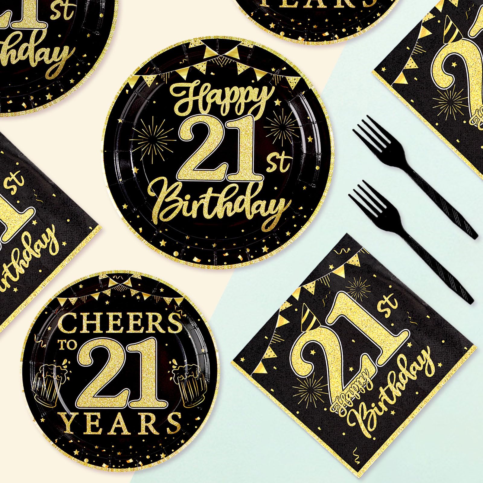 96 Pcs Black Gold 21st Birthday Party Plates and Napkins - Grencian