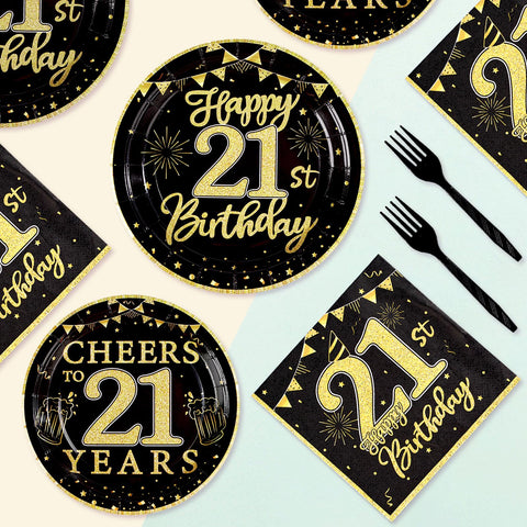 96 Pcs Black Gold 21st Birthday Party Plates and Napkins - Grencian