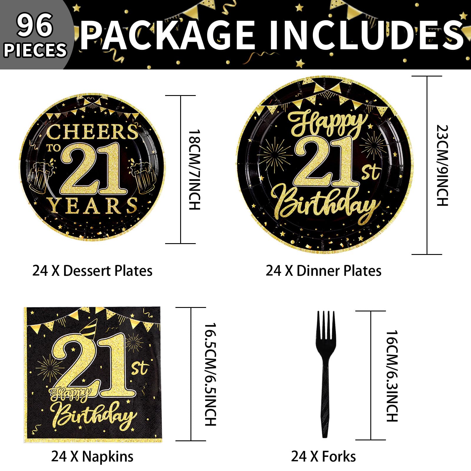 96 Pcs Black Gold 21st Birthday Party Plates and Napkins - Grencian